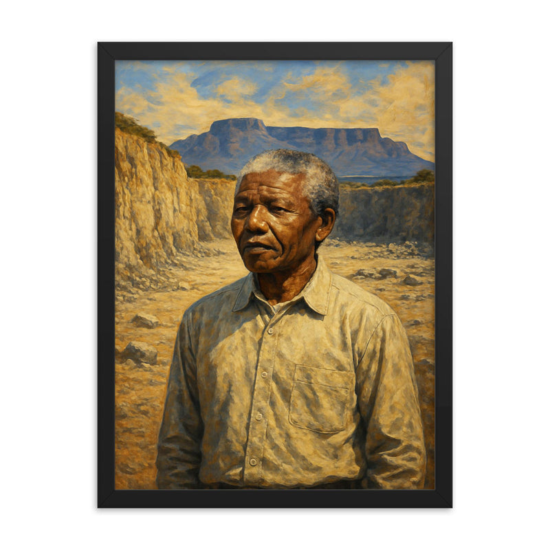 Nelson Mandela on Robben Island quarry framed print on a plain backdrop in size 18