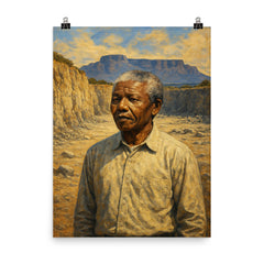 Nelson Mandela on Robben Island quarry poster on a plain backdrop in size 8"x10".