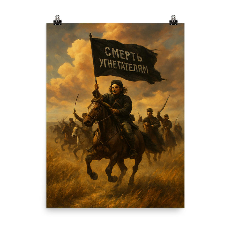 Nestor Makhno black banner cavalry in Ukrainian steppe poster on a plain backdrop in size 8