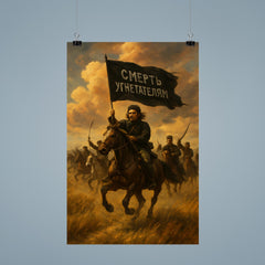 Nestor Makhno black banner cavalry in Ukrainian steppe poster 9