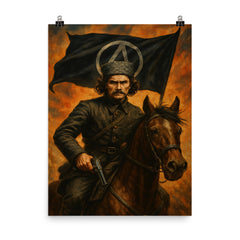 Nestor Makhno black banner cavalry portrait poster on a plain backdrop in size 8"x10".