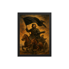 Nestor Makhno black banner over tachanka framed print on a plain backdrop in size 12"x16".