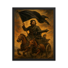 Nestor Makhno black banner over tachanka framed print on a plain backdrop in size 16"x20".