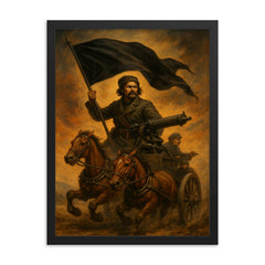 Nestor Makhno black banner over tachanka framed print on a plain backdrop in size 18"x24".