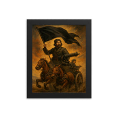 Nestor Makhno black banner over tachanka framed print on a plain backdrop in size 8"x10".