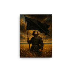Nestor Makhno black banner over Ukrainian steppe canvas print on a plain backdrop in size 12"x16".