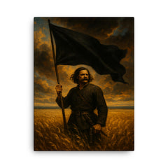 Nestor Makhno black banner over Ukrainian steppe canvas print on a plain backdrop in size 18"x24".