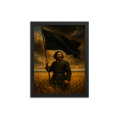 Nestor Makhno black banner over Ukrainian steppe framed print on a plain backdrop in size 12"x16".
