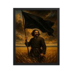 Nestor Makhno black banner over Ukrainian steppe framed print on a plain backdrop in size 16"x20".