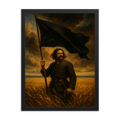 Nestor Makhno black banner over Ukrainian steppe framed print on a plain backdrop in size 18"x24".