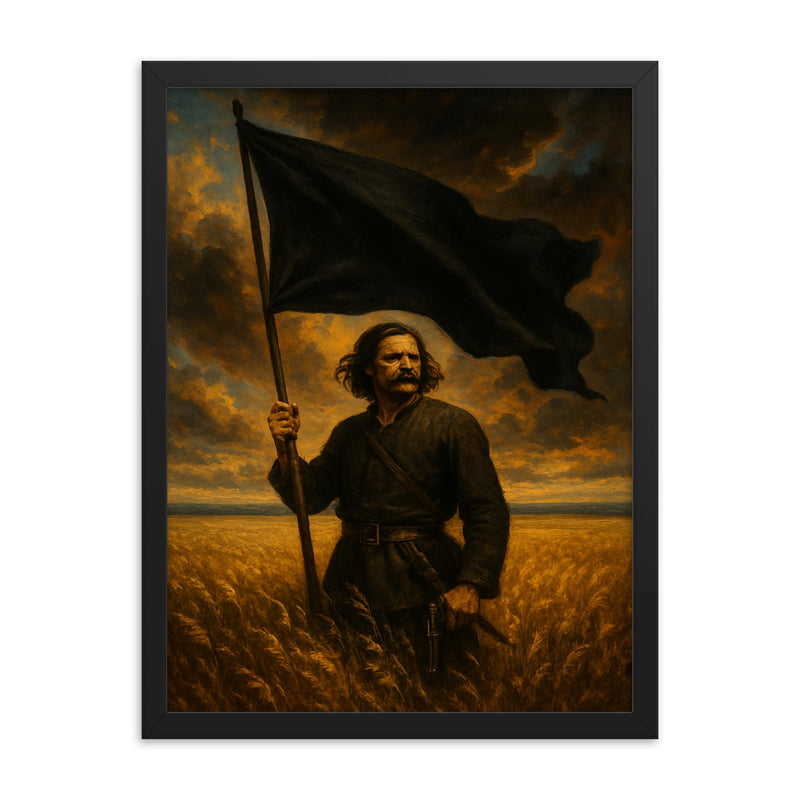 Nestor Makhno black banner over Ukrainian steppe framed print on a plain backdrop in size 18