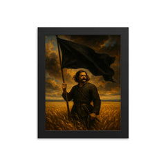 Nestor Makhno black banner over Ukrainian steppe framed print on a plain backdrop in size 8"x10".
