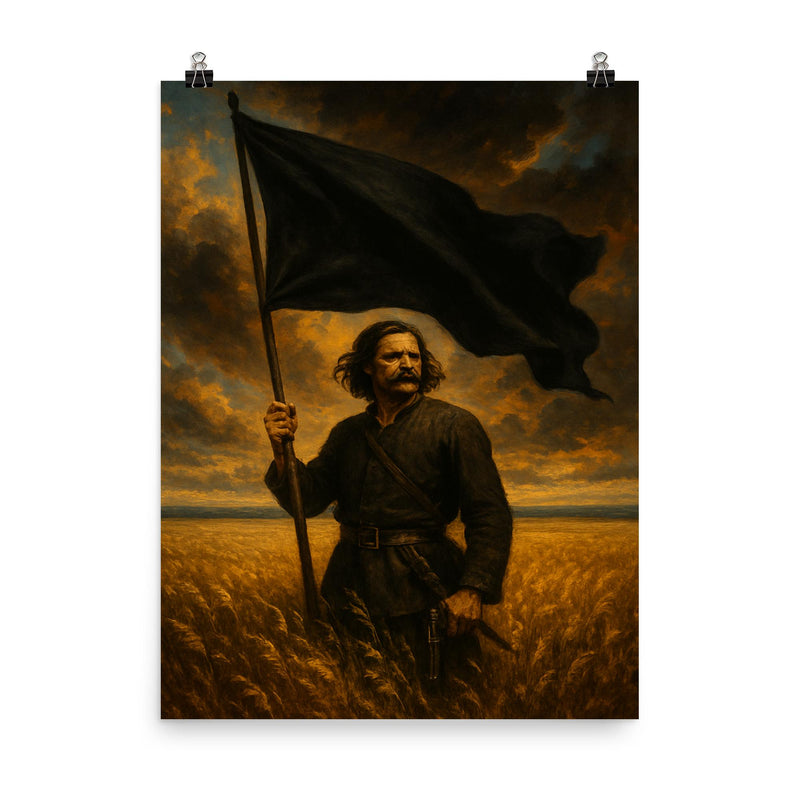 Nestor Makhno black banner over Ukrainian steppe poster on a plain backdrop in size 8