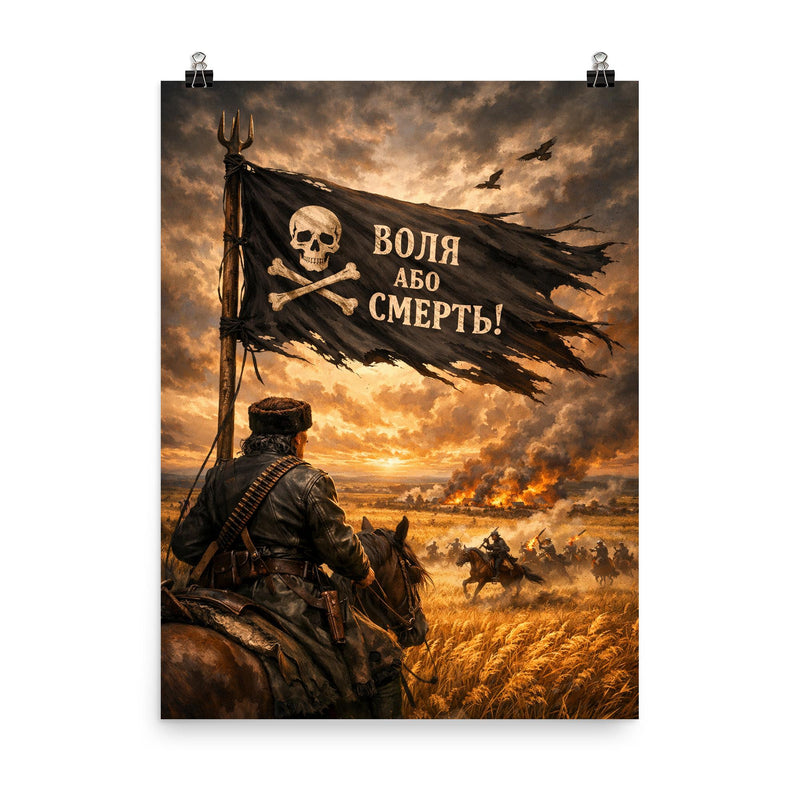 Nestor Makhno black banner over Ukrainian steppe poster on a plain backdrop in size 8