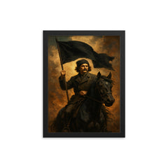 Nestor Makhno black flag horseback portrait framed print on a plain backdrop in size 12"x16".