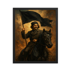 Nestor Makhno black flag horseback portrait framed print on a plain backdrop in size 16"x20".