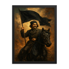 Nestor Makhno black flag horseback portrait framed print on a plain backdrop in size 18"x24".