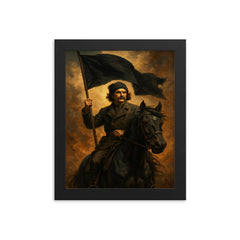 Nestor Makhno black flag horseback portrait framed print on a plain backdrop in size 8"x10".