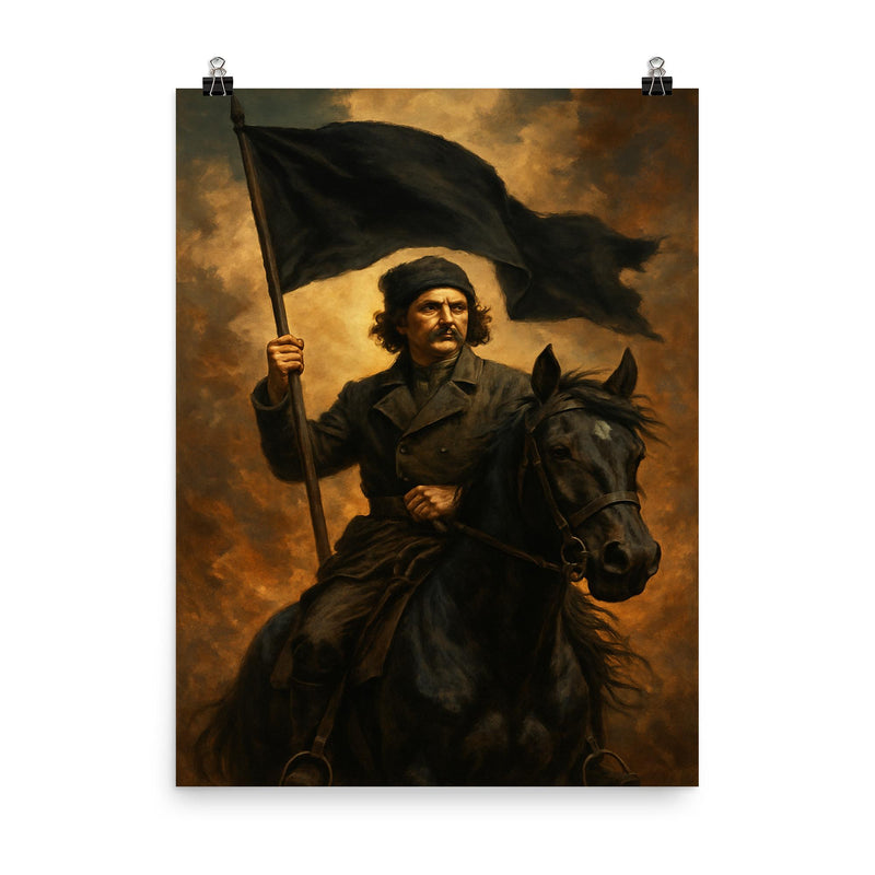 Nestor Makhno black flag horseback portrait poster on a plain backdrop in size 8