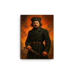 Nestor Makhno in black cavalry coat canvas print on a plain backdrop in size 12"x16".