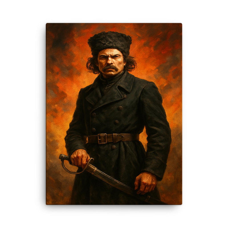 Nestor Makhno in black cavalry coat canvas print on a plain backdrop in size 18