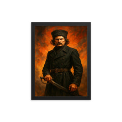Nestor Makhno in black cavalry coat framed print on a plain backdrop in size 12"x16".