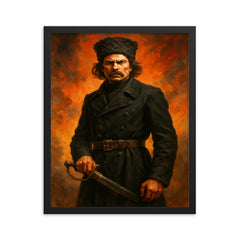Nestor Makhno in black cavalry coat framed print on a plain backdrop in size 16"x20".