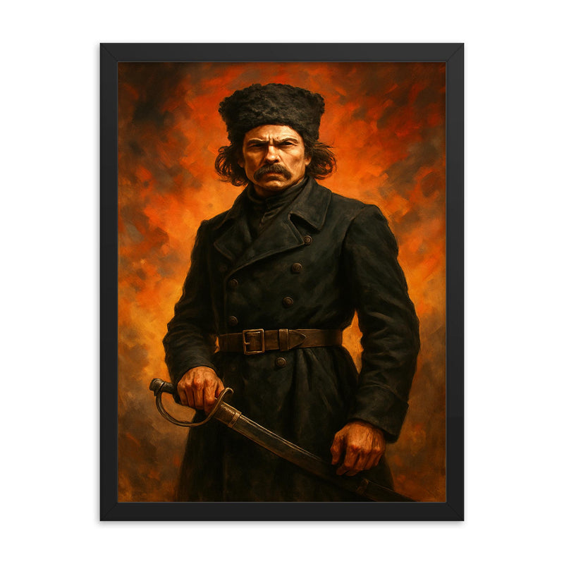 Nestor Makhno in black cavalry coat framed print on a plain backdrop in size 18