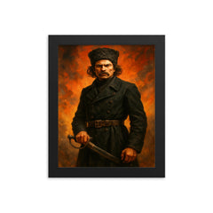 Nestor Makhno in black cavalry coat framed print on a plain backdrop in size 8"x10".