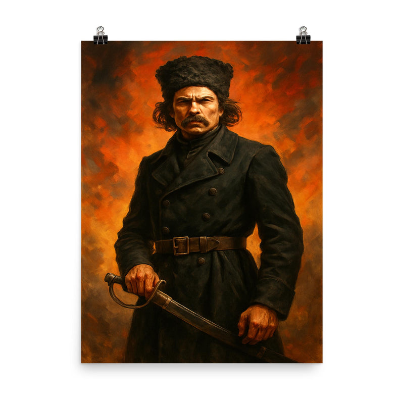 Nestor Makhno in black cavalry coat poster on a plain backdrop in size 8