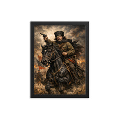 Nestor Makhno on a black horse framed print on a plain backdrop in size 12"x16".