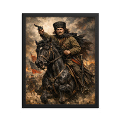 Nestor Makhno on a black horse framed print on a plain backdrop in size 16"x20".