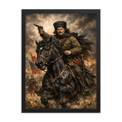 Nestor Makhno on a black horse framed print on a plain backdrop in size 18"x24".