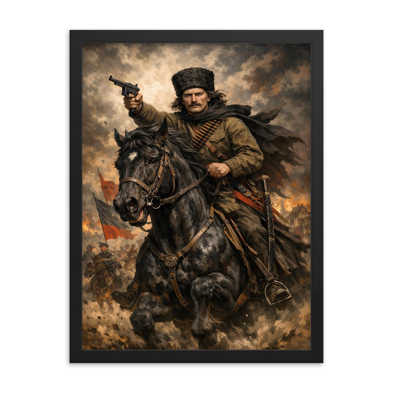 Nestor Makhno on a black horse framed print on a plain backdrop in size 18