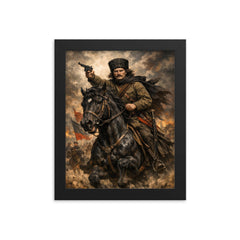 Nestor Makhno on a black horse framed print on a plain backdrop in size 8"x10".