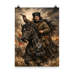 Nestor Makhno on a black horse poster on a plain backdrop in size 8"x10".