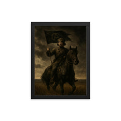 Nestor Makhno on horseback in black Ukrainian steppe framed print on a plain backdrop in size 12"x16".