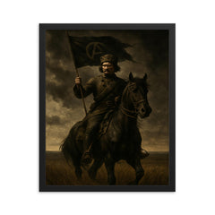 Nestor Makhno on horseback in black Ukrainian steppe framed print on a plain backdrop in size 16"x20".