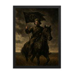 Nestor Makhno on horseback in black Ukrainian steppe framed print on a plain backdrop in size 18"x24".