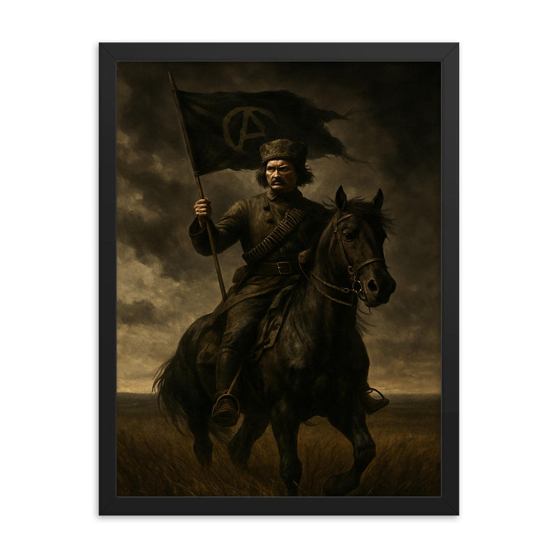 Nestor Makhno on horseback in black Ukrainian steppe framed print on a plain backdrop in size 18