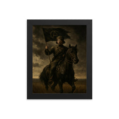 Nestor Makhno on horseback in black Ukrainian steppe framed print on a plain backdrop in size 8"x10".