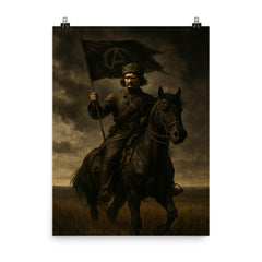 Nestor Makhno on horseback in black Ukrainian steppe poster on a plain backdrop in size 8"x10".
