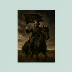 Nestor Makhno on horseback in black Ukrainian steppe poster 8