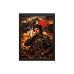 Nestor Makhno smoking beneath anarchist flags framed print on a plain backdrop in size 12"x16".