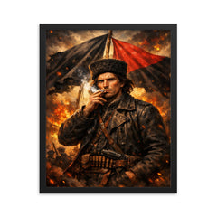 Nestor Makhno smoking beneath anarchist flags framed print on a plain backdrop in size 16"x20".