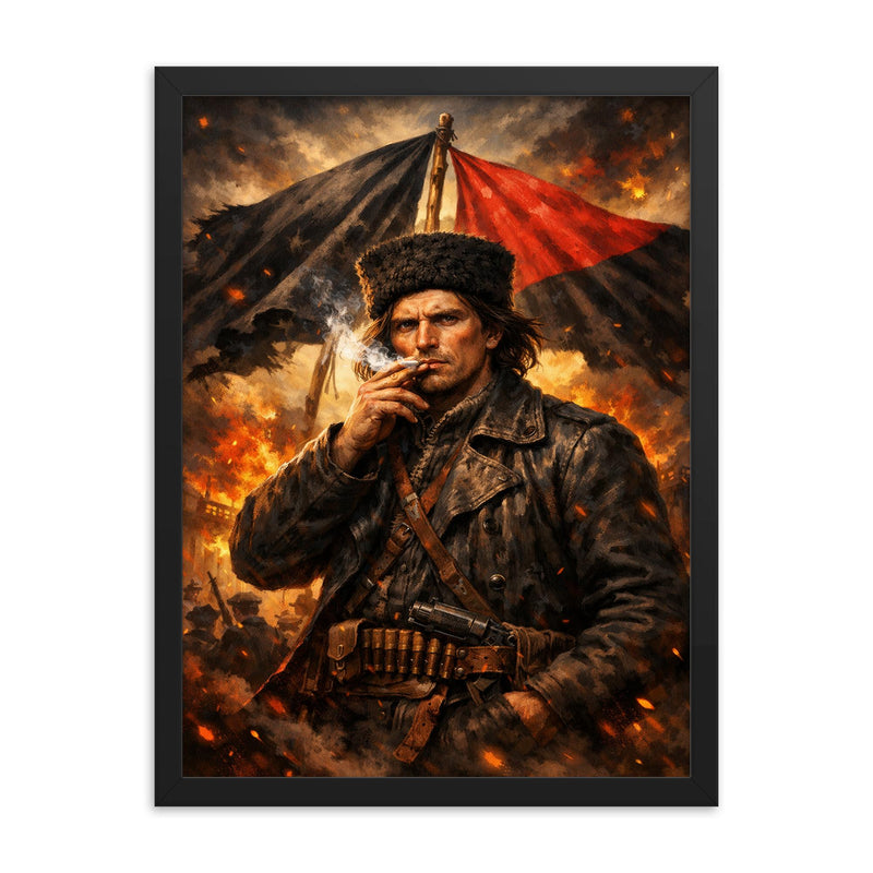 Nestor Makhno smoking beneath anarchist flags framed print on a plain backdrop in size 18
