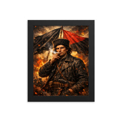 Nestor Makhno smoking beneath anarchist flags framed print on a plain backdrop in size 8"x10".