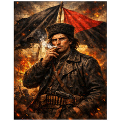 Nestor Makhno smoking beneath anarchist flags jigsaw puzzle
