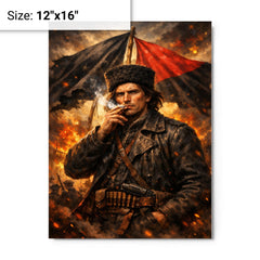 Nestor Makhno smoking beneath anarchist flags metal print on a plain backdrop in size 12"x16".