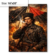 Nestor Makhno smoking beneath anarchist flags metal print on a plain backdrop in size 16"x20".